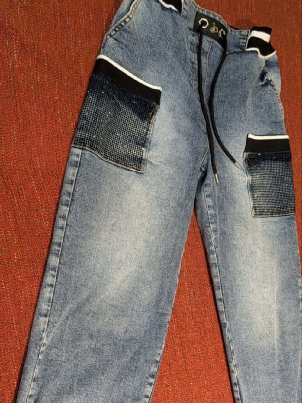 Y2K Coco Bianca Couture Bling Denim Track Pants Rhinestone Embellished Size 38